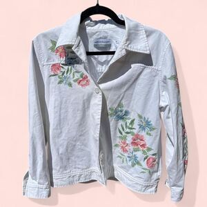 Vintage Alfred Dunner Floral Embroidered Jacket - Size M - White Denim Button Up